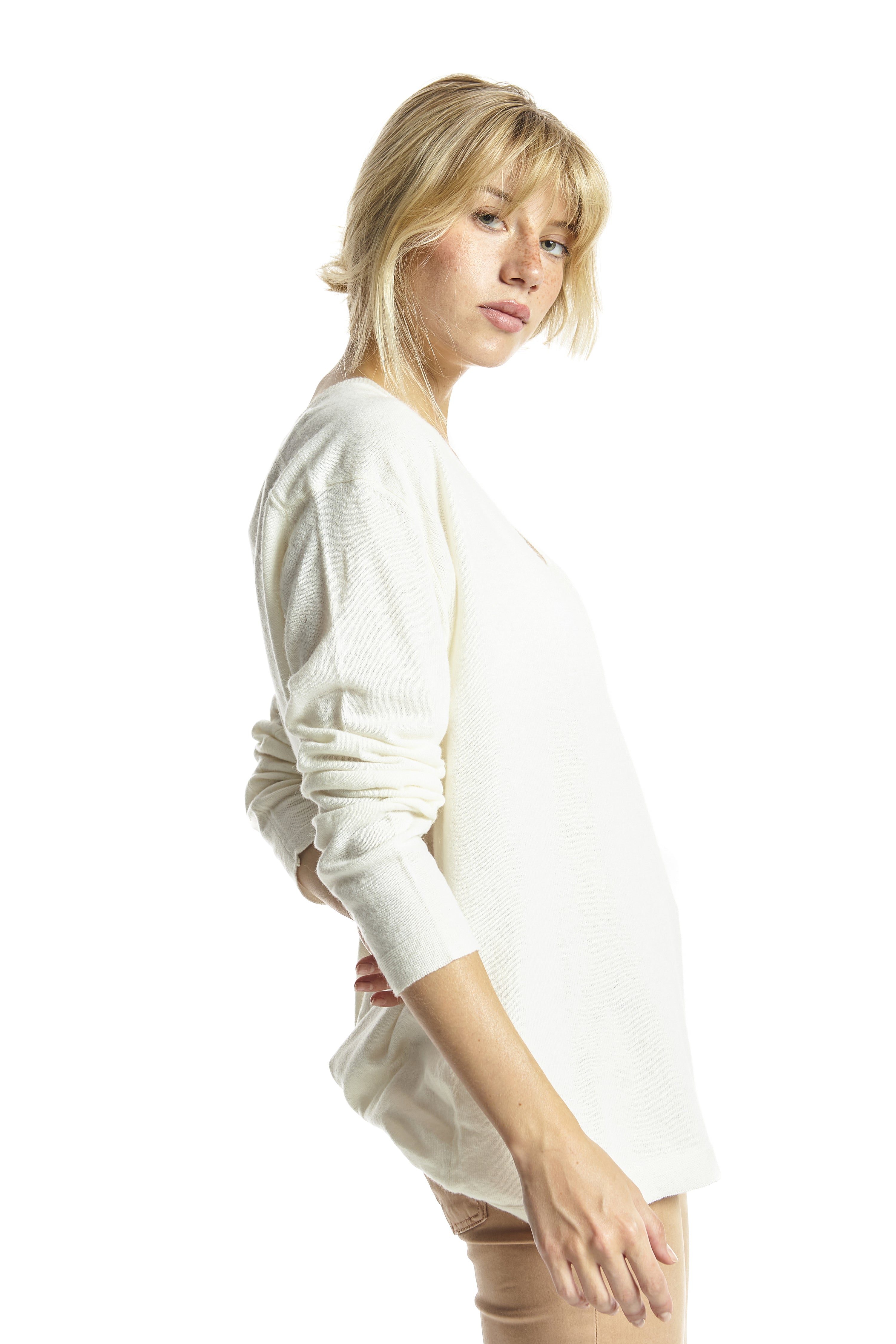 Jersey cuello pico mixto cashmere Crudo