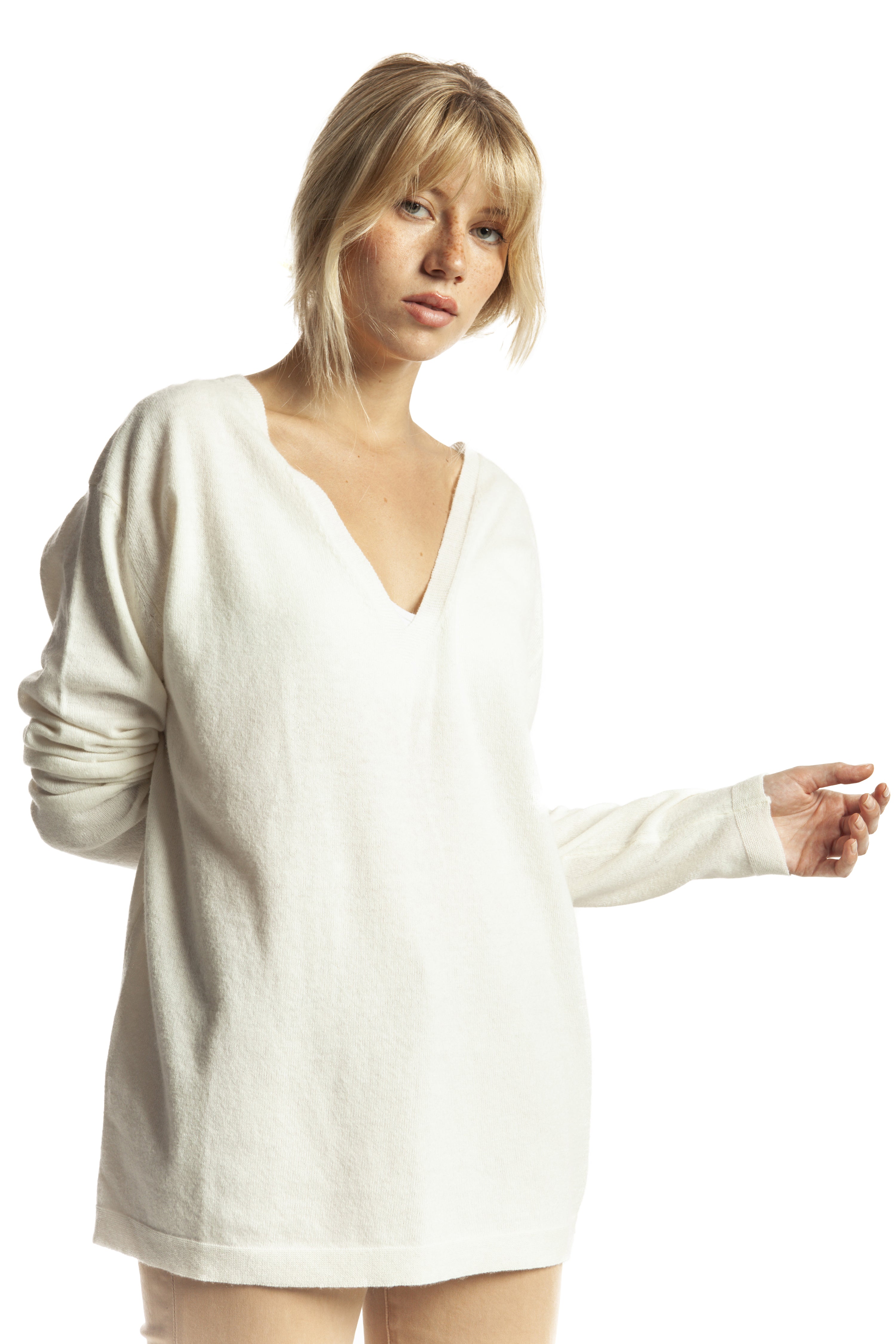 Jersey cuello pico mixto cashmere Crudo