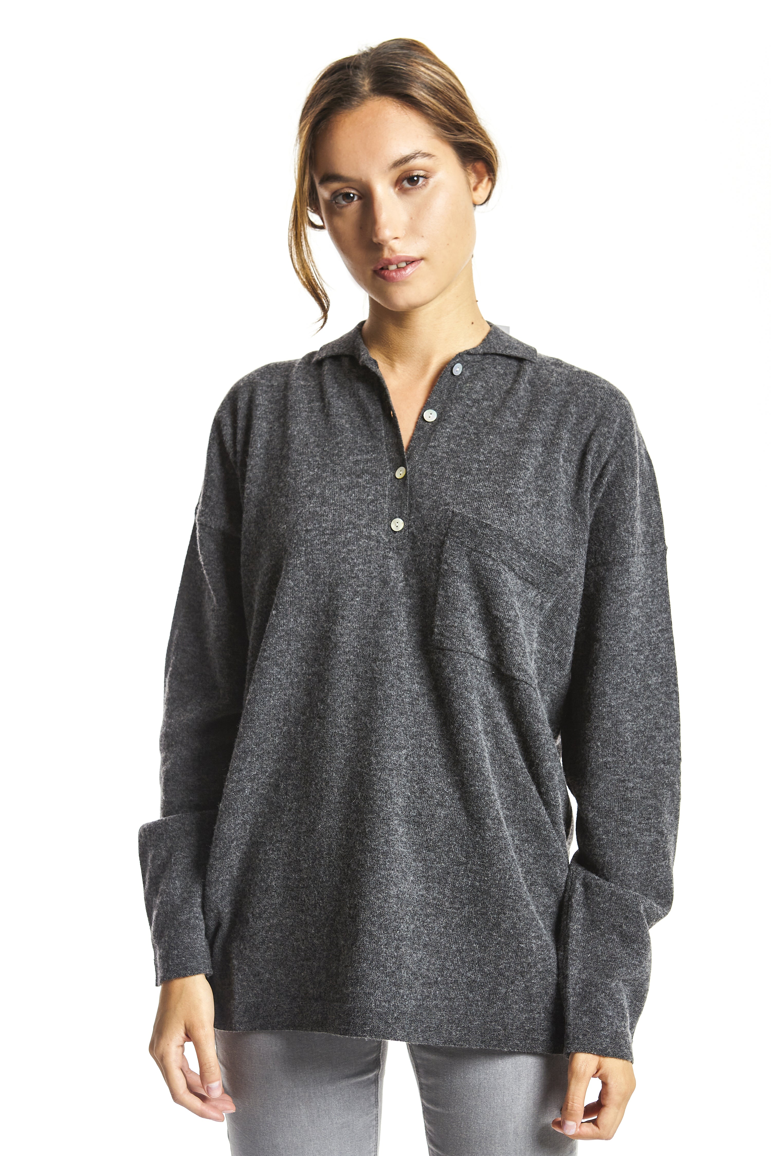 Jersey cuello polo mixto cashmere Gris Oscuro