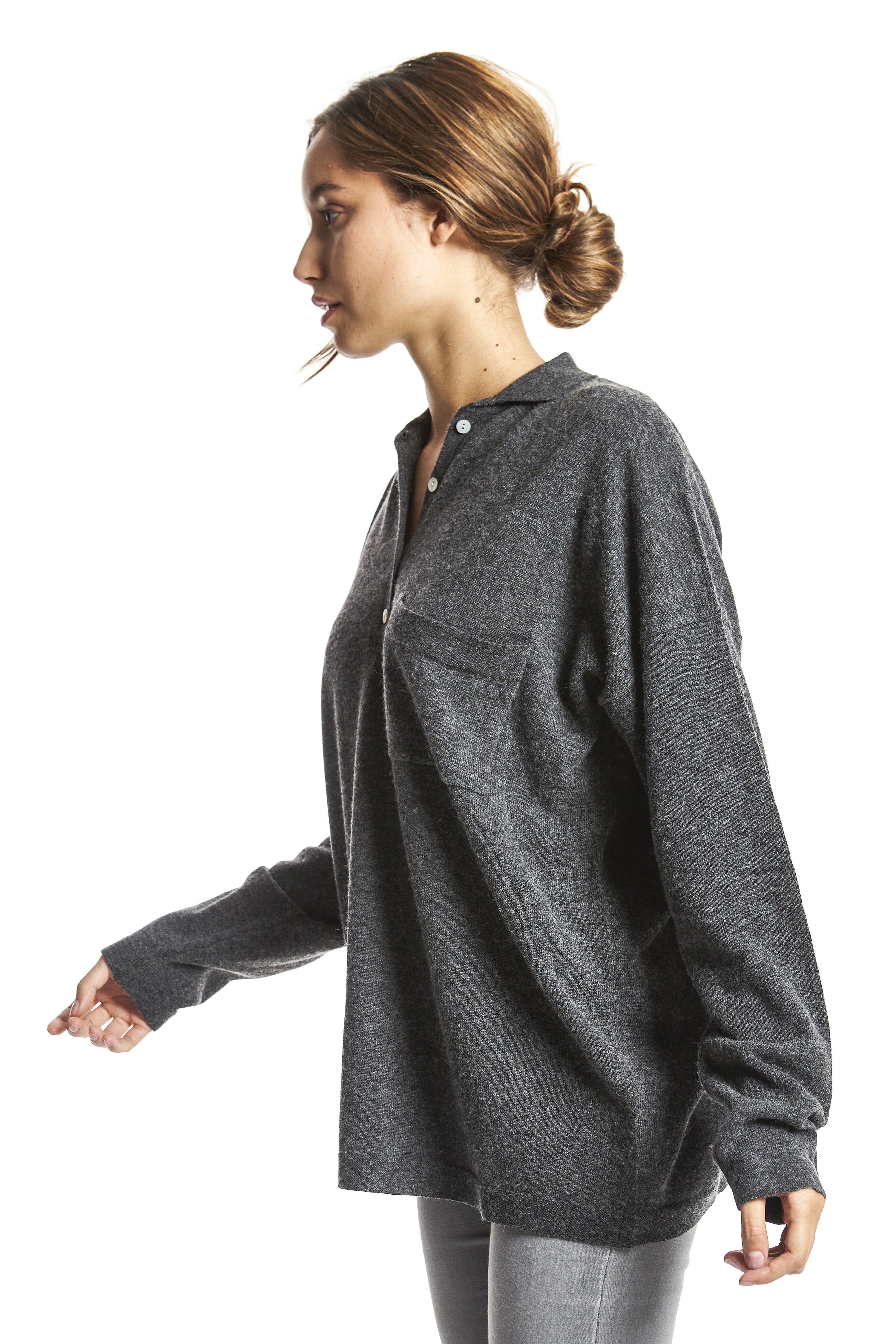 Jersey cuello polo mixto cashmere Gris Oscuro