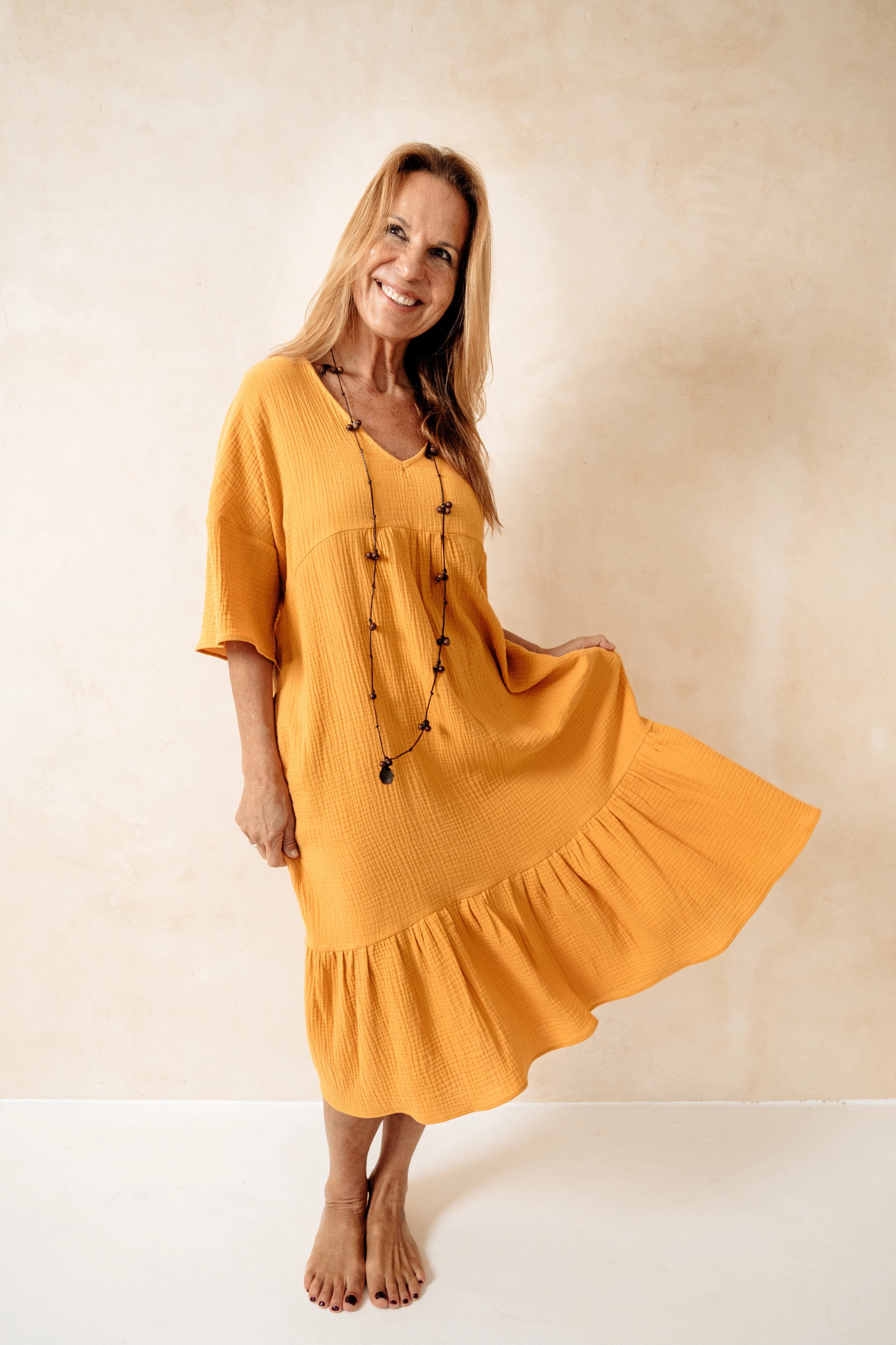 OLIMPUS - VESTIDO MOSTAZA ALGODÓN
